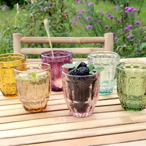 Set of 6 Mix Match Embossed Coloured Drinking Glass Tumblers 330ml