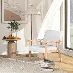 HOMCOM Accent Chair with Wood Frame Wide Seat Linen Armchair Cream White