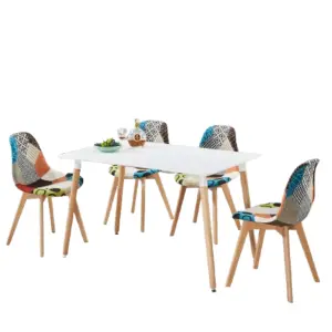 Patchwork Halo Dining Set Includes a White Dining Table & Set of 4 Multicolour Fabric Chairs