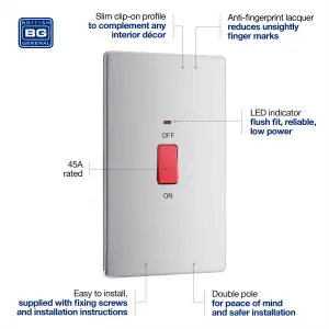 BG Electrical FBS72 Nexus Screwless Flat-Plate Cooker Switch Brushed Steel Neon 2 Way 45A
