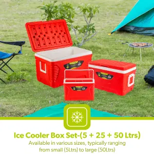 ROYALFORD Ice Cooler Box Set of 5L, 25L, & 50L Boxes for Camping Picnic Insulated Food Container Lock Lid with Carry Handle, Red