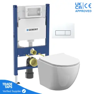 White Wall Hung Toilet Rimless Pan with Geberit Concealed Cistern Frame 98cm & Delta50 White Flush Plate