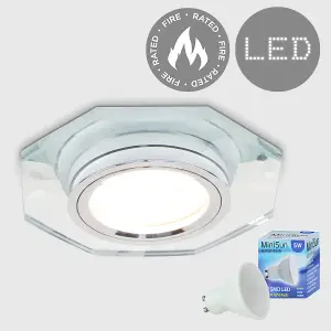 ValueLights Fire Rated Clear Glass and Chrome Octagon Recessed Ceiling Downlight - Complete With 5w LED GU10 Bulb6500K Cool White