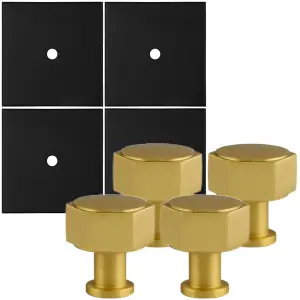 4 PACK - Cabinet Door Knob & Contrasting Backplate Set - Hex Kitchen Pull - Satin Brass & Matt Black