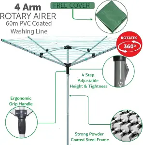 AAMEN Heavy Duty Aluminium 4 Arm Retractable Rotary Airer - 60M