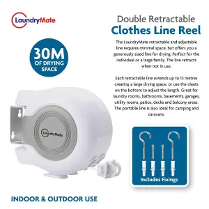 White 30m Retractable Clothes Reel Double Washing Line Wall Mounted Outdoor