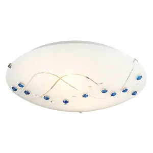 Contemporary Round Opal Glass Ceiling Light with Blue and Clear Crystal Buttons