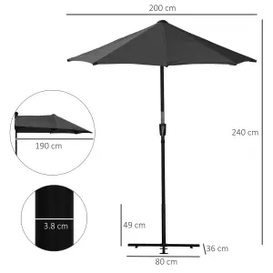 Outsunny 2m Half Parasol Market Umbrella Garden Balcony Parasol with Crank Handle, Cross Base, Double-Sided Canopy, Black