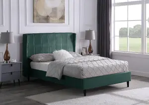 Amelia 5ft King Size Bed in Green Velvet Fabric with elegant winged headboard