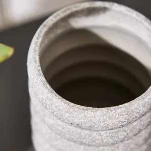 Grey Rippled Ceramic Vase with Speckled Finish Indoor Stoneware Decorative Table Vase