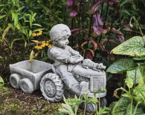 Boy on Tractor with Small Planter Trailer