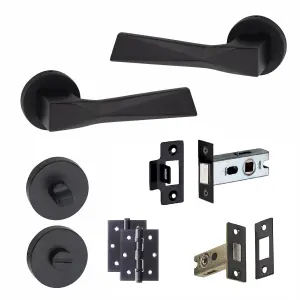 1 Pair Modern Aura Euro Lock Door Handles, 70mm Key & Key Barrell Matt Black Finish and Ball Bearing HInges - Golden Grace