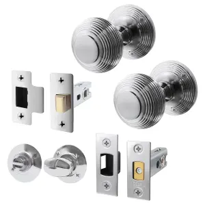 AFIT Beehive Door Knob Set Polished Chrome - 1 Pair of Reeded Mortice Knobs (55mm), Latch & Deadbolt Kit (76mm) & Turn & Release