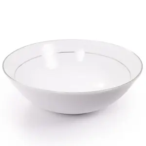 Set of 4 Durable White Ceramic Dinner Bowls with Dual Silver Metallic Rims