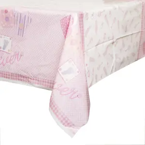 Unique Party Plastic Rectangular Baby Shower Party Table Cover Pink/White (One Size)