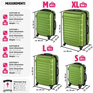 Suitcase Set - 4 hard-shell suitcases with telescopic handle, swivel wheels - green