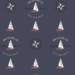 Galerie Deauville 2 Navy Blue Red White Deauville Boat Motif Smooth Wallpaper