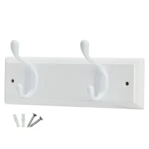 keypak 2-Hook Door Wall Mounted Coat Rack, 22.5cm - White Wooden Board, White Coat Hooks - Fixings Included