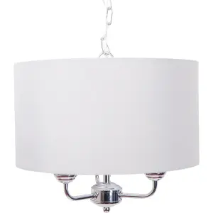 First Choice Lighting Pair of 3 Light Chrome Pendant Chandelier with Light Cream Fabric Shade