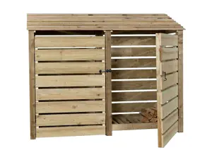 Slatted wooden log store with door W-227cm, H-180cm, D-88cm - natural (light green) finish