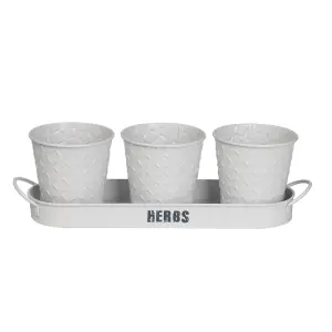 simpa 3PC White Herb Pot Planters with Embossed Decorative Finish & Tray