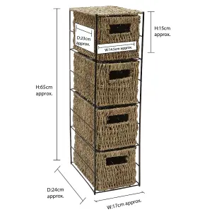 JVL Seagrass Basket 4 Drawer Tower Storage Unit with Metal Frame Home Office