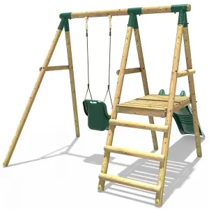 Rebo Cassini Wooden Garden Swing Set with Baby Swing, Platform and Slide - Green