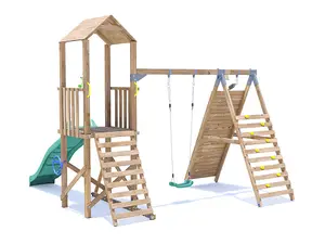 Dunster House Wooden Climbing Frame with Swing, Tall Climbing Wall & Slide BalconyFort Low Platform