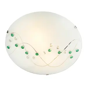 Contemporary Round Opal Glass Ceiling Light with Green and Clear Crystal Buttons