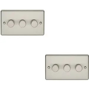 2 PACK 3 Gang 400W 2 Way Rotary Dimmer Switch SATIN STEEL Light Dimming Plate