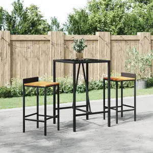 3 Piece Garden Bar Set Black Poly Rattan& Solid Wood Acacia