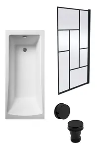 Square Single Ended Bath, Abstract Black Screen and Black Waste - 1700 x 700mm