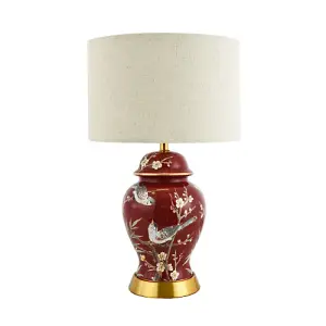 Classic Ceramic Lamp Base in Glossy Dark Burgundy with Birds and Floral Decor