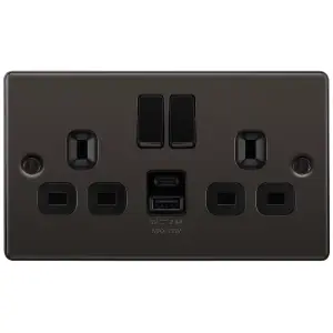 GoodHome Black Nickel Double 13A Raised rounded Switched Screwed Socket with USB, x2 & Black inserts