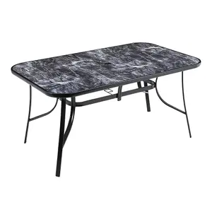 150 x 90cm Outdoor Garden Marble Texture Coffee Table with Tempered Glass Top and Parasol Hole, Black