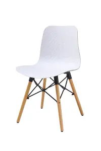 Set of 4 White Textured  Plastic Chairs with Wooden Metal Frame Legs