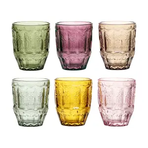 Set of 6 Mix Match Embossed Coloured Drinking Glass Tumblers 330ml