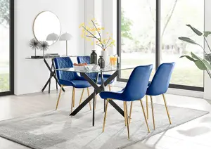 Furniturebox UK Leonardo Black Leg Glass Dining Table & 4 Navy Pesaro Gold Leg Chairs