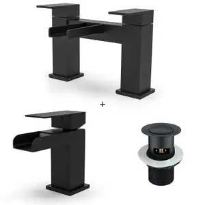 Nes Home Origin Waterfall Basin Mono Mixer, Bath Filler Tap & Waste Matte Black