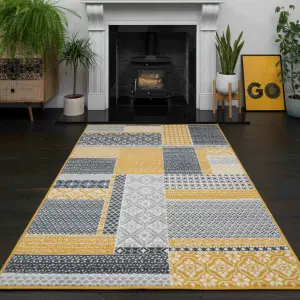 Yellow Ochre Grey Floral Patchwork Living Room Rug 280x365cm