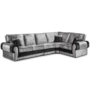 Chelsea Black and Silver Crushed Velvet Long 5 Seater Large Corner Sofa 3 Corner 1 Rolled Arms