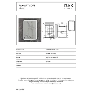 RAK Art Soft 500x700 Matt Black Square with Touch Sensor Illuminated Mirror IP44