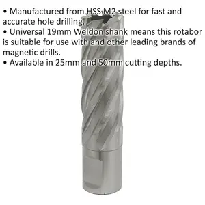 20mm x 50mm Depth Rotabor Cutter - M2 Steel Annular Metal Core Drill 19mm Shank