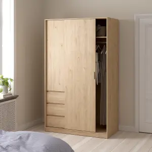 Tvilum Esla Scandinavian Matt jackson hickory oak effect 3 Drawer Double Sliding door wardrobe (H)2004mm (W)1185mm (D)600mm