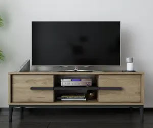 Decorotika Eslem TV Stand, TV Cabinet, TV Unit with Two Shelves and Two Cabinets - Oud Oak Pattern and Black