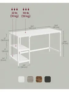 VASAGLE Computer Desk, Writing Desk With 2 Shelves On Left Or Right, Steel Frame,  Ebony Black,Maple White