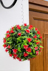 Best Artificial 23cm Red Lily Hanging Basket Flower Topiary Ball - Suitable for Outdoor Use - Weather & Fade Resistant