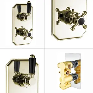 ENKI Regent English Gold Black Crosshead 2-Outlet Solid Brass Thermostatic Twin Shower Valve TSV040