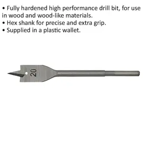 High Performance 20 x 152mm Hardened Wood Drill Bit with Hex Shank for Woodworking