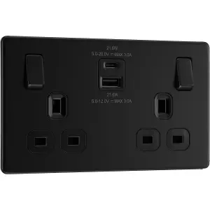 BG Screwless 13A Double Switched Socket USB-A& C,22W, Matt Black